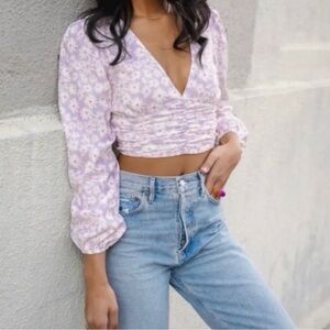 🍂Elodie Chloe long puff sleeves crop top, lavender floral, size L